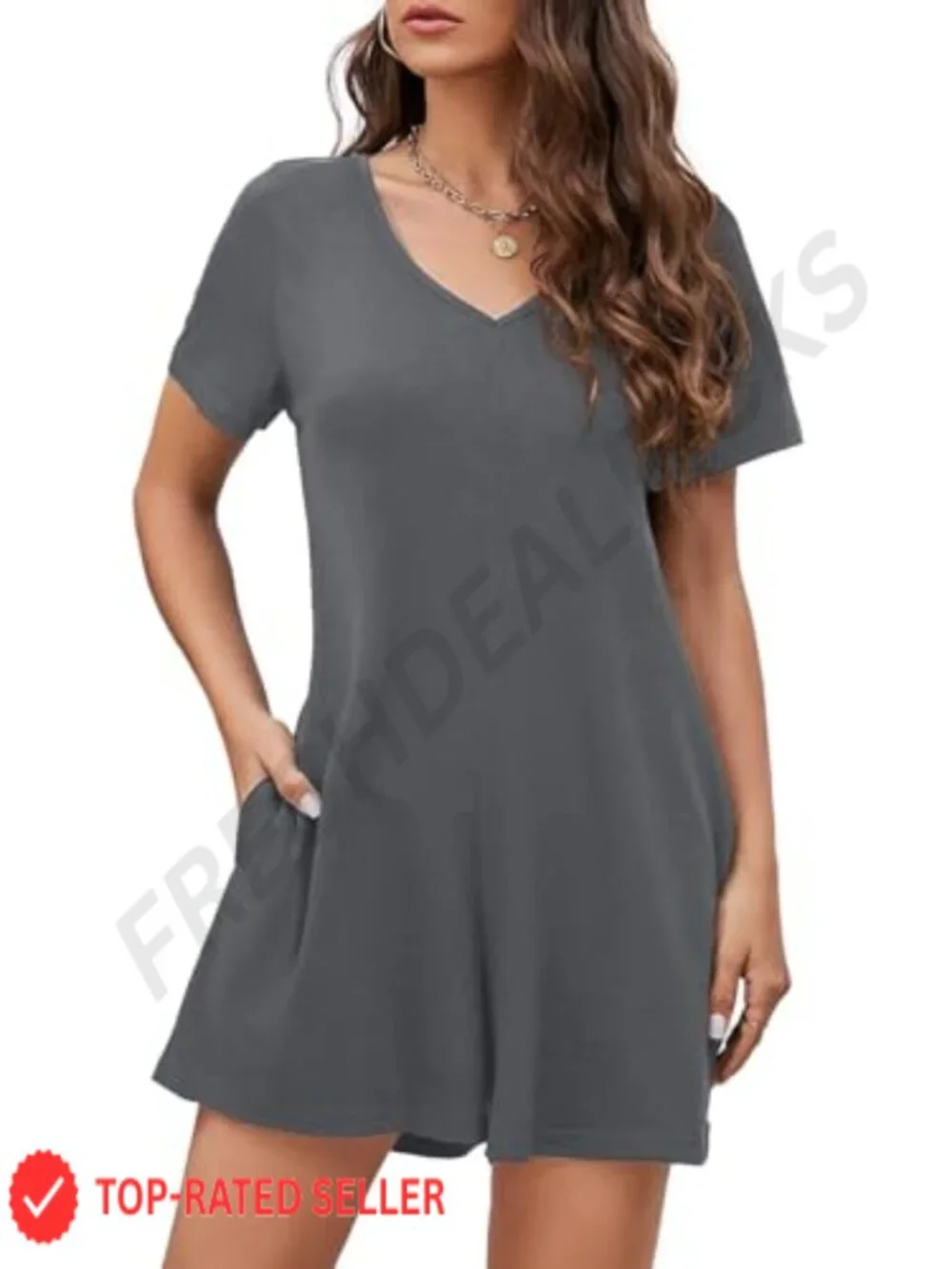 Women's Casual Romper Jumpsuit Short Sleeve V Neck Loose Fit with Pockets